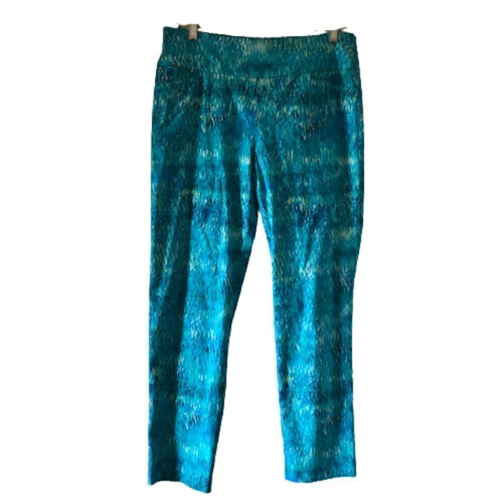 #3013-3 Attyre Stretch Pants Womens Blue Green Watercolor Print Pull On